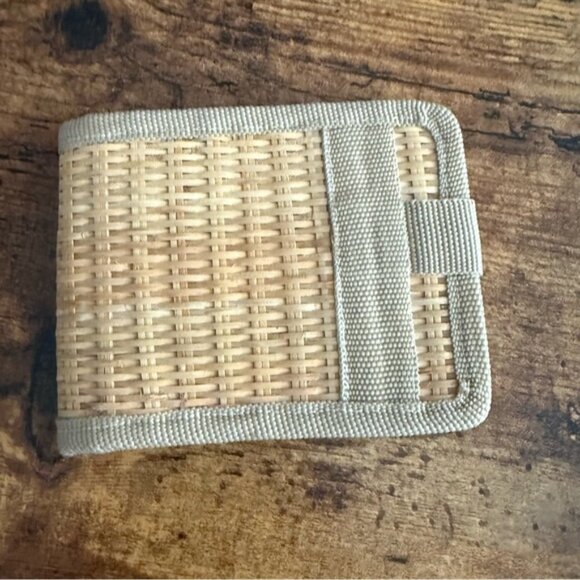 Raffia Straw Weave Rattan Bifold Wallet Snap Closure Tan Cream Boho Eco - Picture 3 of 7